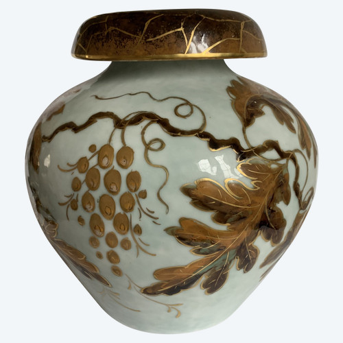 Camille Tharaud Vase, Enameled Limoges Porcelain, Amaranth Model With Vine Branches