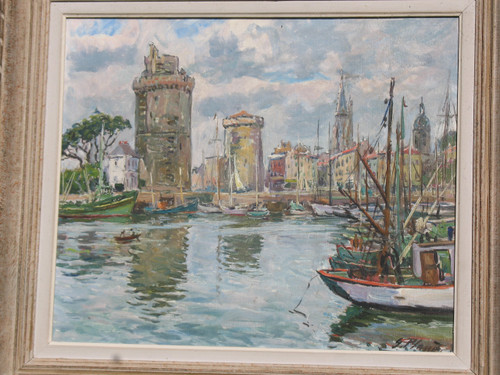 Vue du port de La Rochelle Huile sur toile encadrée et signée de Georges Planès