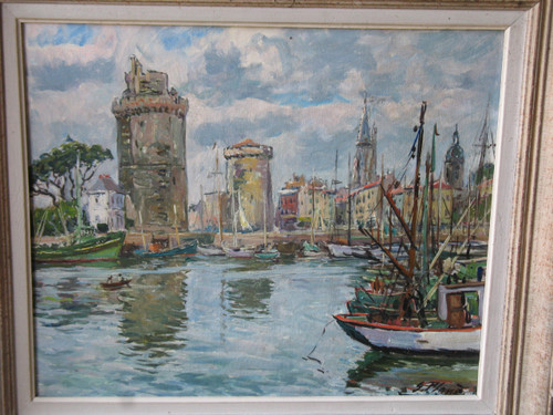 Vue du port de La Rochelle Huile sur toile encadrée et signée de Georges Planès