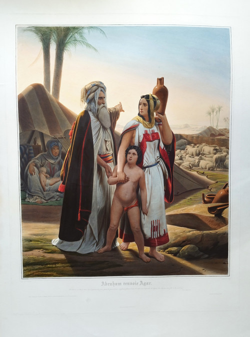Große orientalische Aquarellgravur Abraham kehrt Hagar nach Horace Vernet 19. zurück