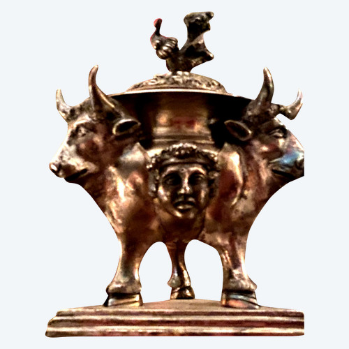 Perfume burner in the antique image of a cup with three bulls in silvered bronze 19th century