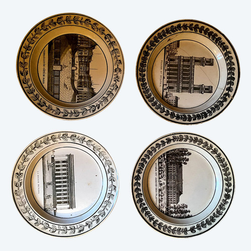  Suite of 4 Choisy earthenware plates representing monuments of Paris and Versailles 19th