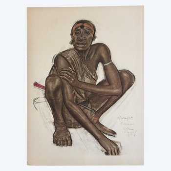 African man crouching. Lithograph by A. Iacovleff.