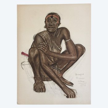 Afrikanischer Mann kauert. Lithographie von A. Iacovleff.