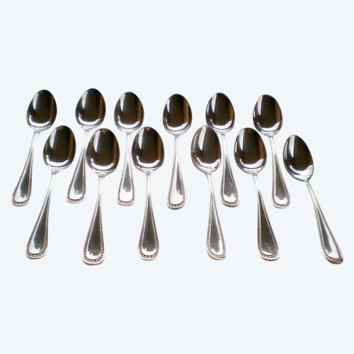 12 silver-plated espresso/mocha spoons, Perles goldsmith model, Félix Frères, Toulouse