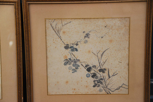 Deck, Paar Aquarellbilder Japan Blumen Und Falke