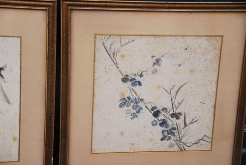 Deck, Paar Aquarellbilder Japan Blumen Und Falke