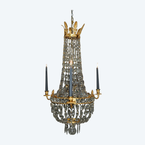 Lustre corbeille empire en bronze doré et cristal