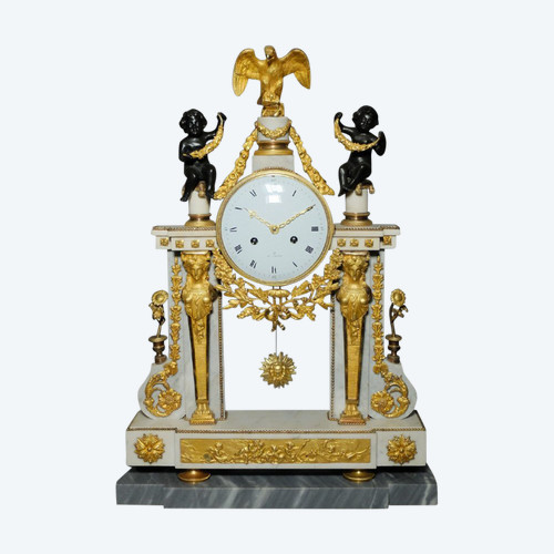 Portico clock with caryatids in marble and bronze, Louis XVI period