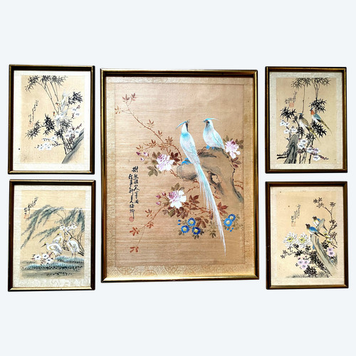 Set of four plus a large Japanese prints on rice paper 19th