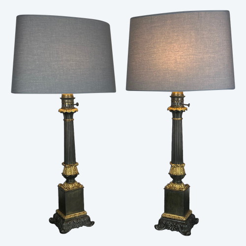 PAIR OF CARCEL RESTORATION PERIOD LAMPS IN STEEL AND CHISELED AND GILT BRONZE