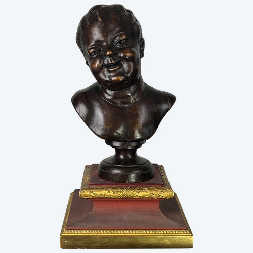 SCULTURA / Busto in legno scolpito del XIX secolo di PUTTI (ANGE RIEUR) alto 40 CM