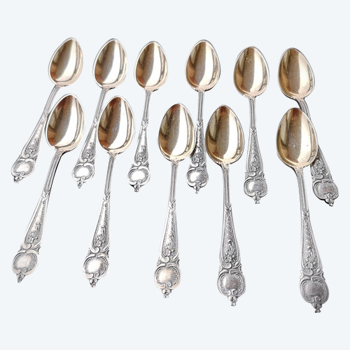 11 ravissantes cuillères à espresso/moka en argent massif et vermeil 925