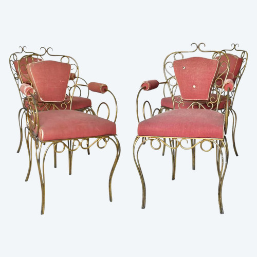 Attributed to René DROUET (1899 - 1993) 4 gilded wrought-iron chairs