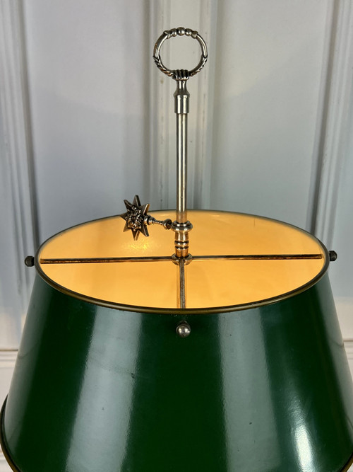 ANTIKE WÄRMFLASCHENLAMPE AUS VERSILBERTER BRONZE MIT BLECHSCHIRM