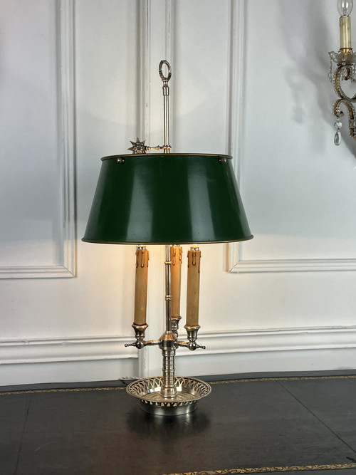 ANTIKE WÄRMFLASCHENLAMPE AUS VERSILBERTER BRONZE MIT BLECHSCHIRM