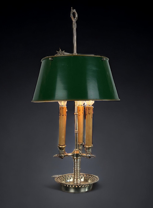 ANTIKE WÄRMFLASCHENLAMPE AUS VERSILBERTER BRONZE MIT BLECHSCHIRM