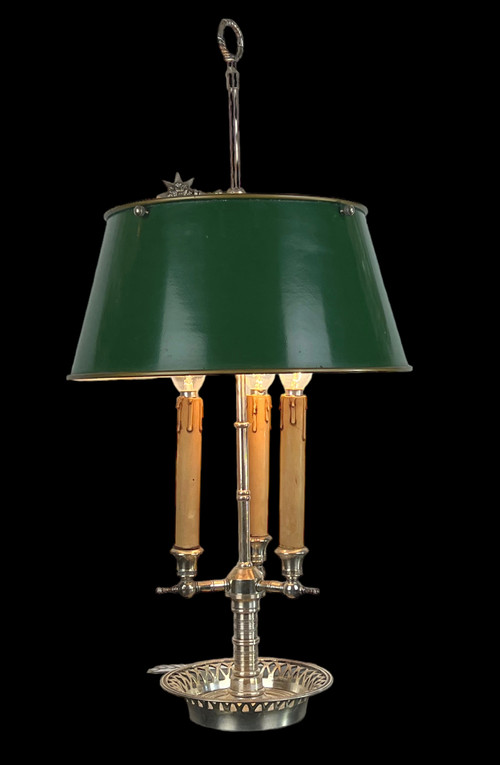 ANTIKE WÄRMFLASCHENLAMPE AUS VERSILBERTER BRONZE MIT BLECHSCHIRM