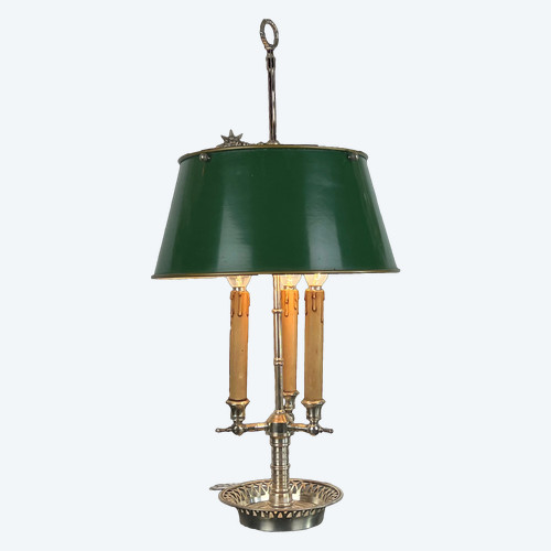 ANTIKE WÄRMFLASCHENLAMPE AUS VERSILBERTER BRONZE MIT BLECHSCHIRM