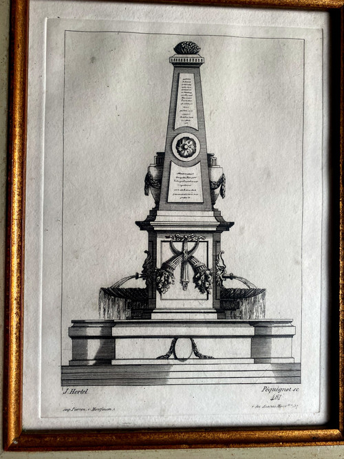 Projet gravé de Fontaine Louis XVI à l'obélisque d'après un dessin de J.Heberl gravé par Péquégnot fin XVIIIème