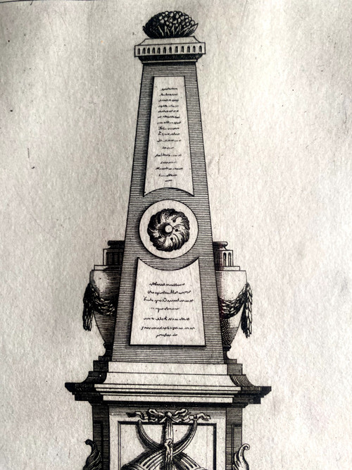 Projet gravé de Fontaine Louis XVI à l'obélisque d'après un dessin de J.Heberl gravé par Péquégnot fin XVIIIème