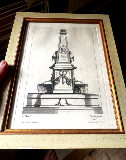 Projet gravé de Fontaine Louis XVI à l'obélisque d'après un dessin de J.Heberl gravé par Péquégnot fin XVIIIème
