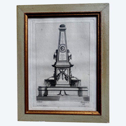 Projet gravé de Fontaine Louis XVI à l'obélisque d'après un dessin de J.Heberl gravé par Péquégnot fin XVIIIème