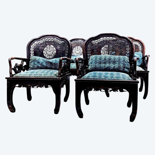 Salon Indochinois 1900 En Bois Exotique à Décor De Chauve Souris