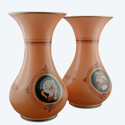 pair of opaline vases with antique decor 19th century