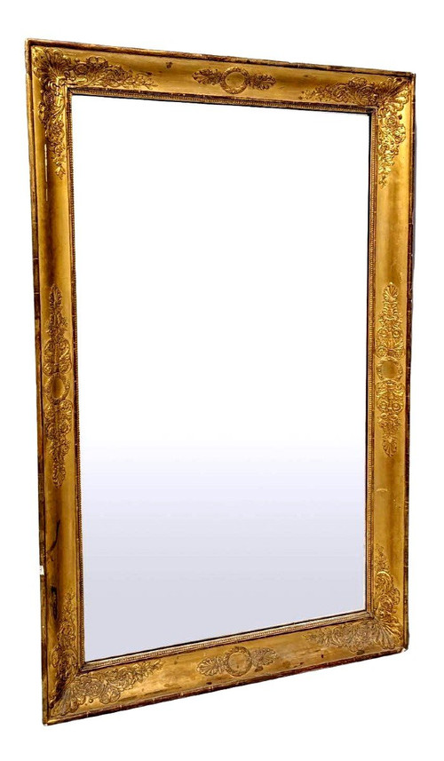 Miroir Ancien En Bois Et Stuc Doré d'époque Restauration.