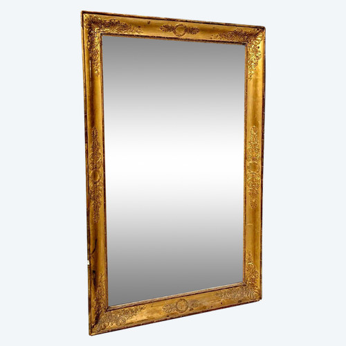 Miroir Ancien En Bois Et Stuc Doré d'époque Restauration.