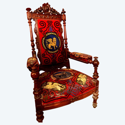 Wichtiger Sessel Napoleon III im Renaissance-Stil aus Palisanderholz, bezogen mit einer Tapisserie mit kleinen Punkten.