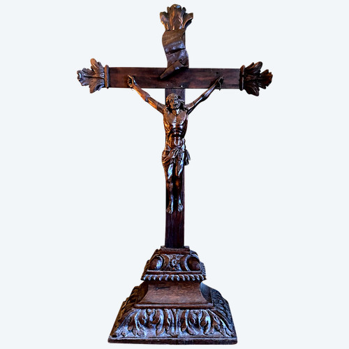 Large carved oak crucifix with patina 17th century regional folk art work