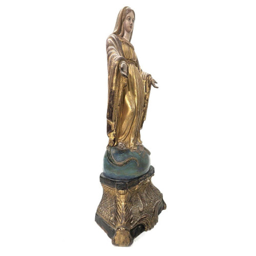 Sculpture Of The Virgin In 19th Century Gold-Gilded Terracotta