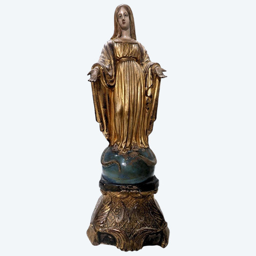 Sculpture De La Vierge En Terre Cuite XIXème Dorée à l'Or