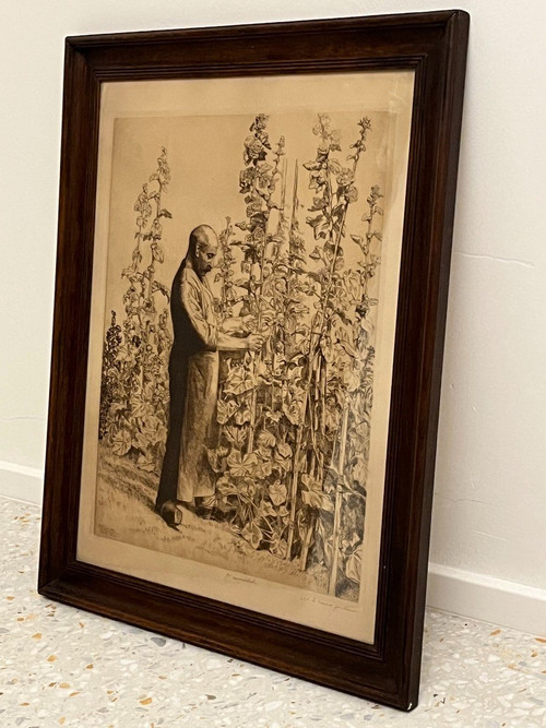 François Maréchal (1861-1945) , Eau Forte,le Vieux Jardinier