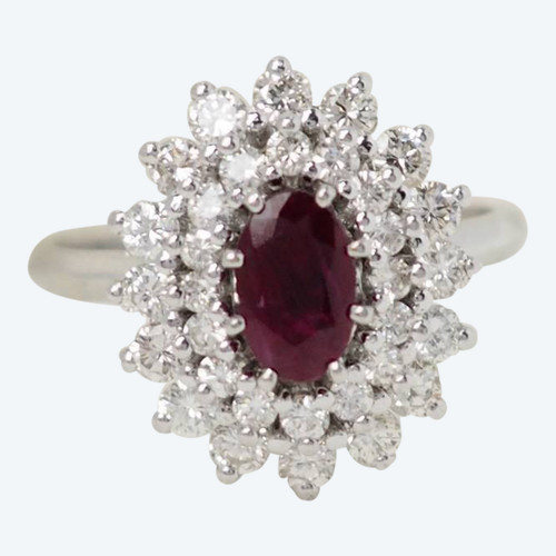 Double-encircled ring in white gold, rubies and diamonds