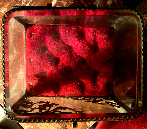 Large Napoleon III period beveled crystal jewelry box with chased bronze frame on all sides.