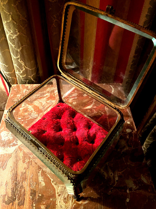 Large Napoleon III period beveled crystal jewelry box with chased bronze frame on all sides.