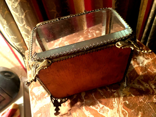 Large Napoleon III period beveled crystal jewelry box with chased bronze frame on all sides.