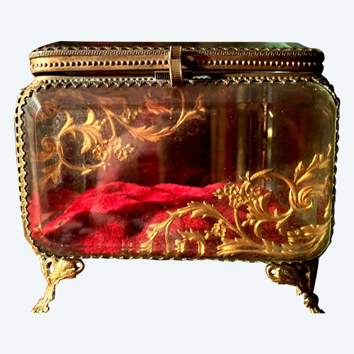 Large Napoleon III period beveled crystal jewelry box with chased bronze frame on all sides.