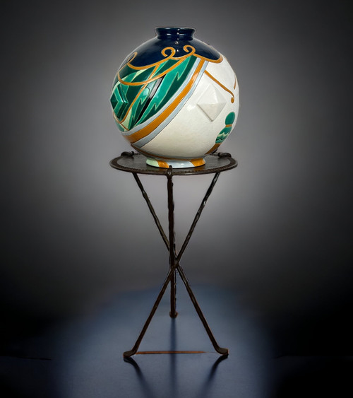 LARGE LONGWY EARTHENWARE GLOBULAR VASE "TRIANON MODEL" ART DECO STYLE