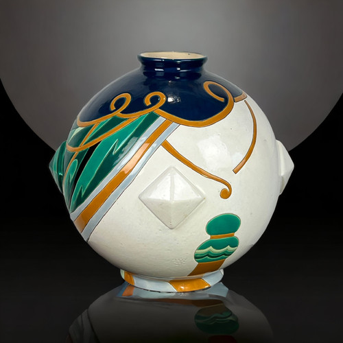 LARGE LONGWY EARTHENWARE GLOBULAR VASE "TRIANON MODEL" ART DECO STYLE