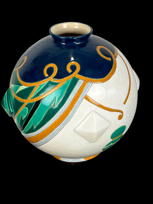 LARGE LONGWY EARTHENWARE GLOBULAR VASE "TRIANON MODEL" ART DECO STYLE