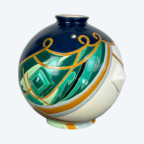 GROSSE KUGELFÖRMIGE VASE AUS LONGWY-STEINGUT "MODELL TRIANON" IM ART-DÉCO-STIL