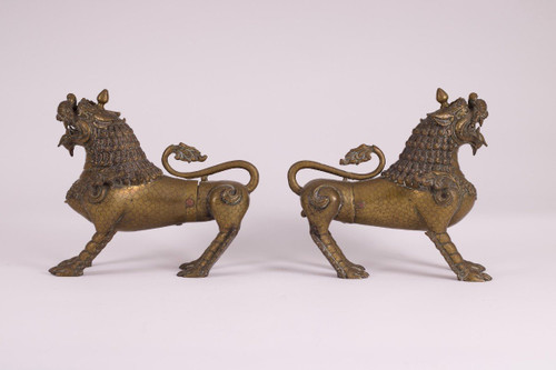 Pair Of Bronze Nepalese Singha Temple Guardian Lions
