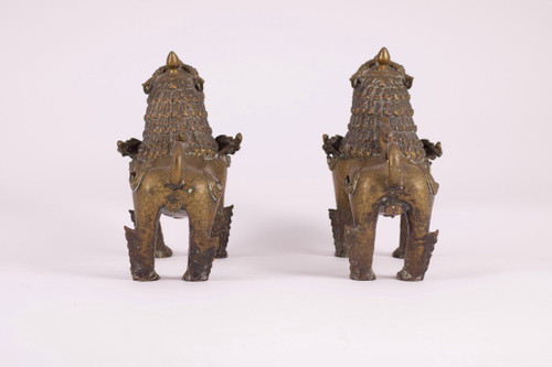 Pair Of Bronze Nepalese Singha Temple Guardian Lions