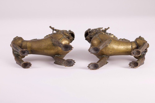 Pair Of Bronze Nepalese Singha Temple Guardian Lions