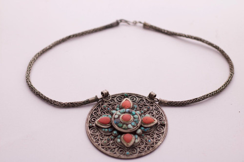 Tibetan Amulet Pendant Silver Coral Turquoise