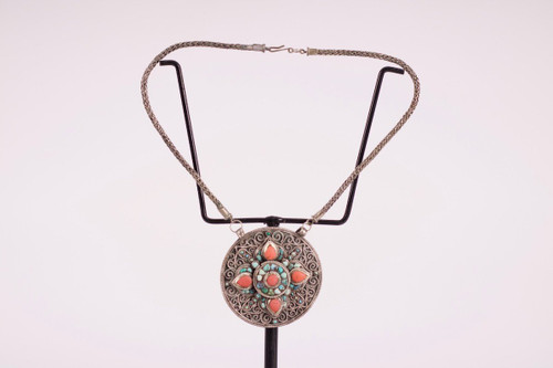Tibetan Amulet Pendant Silver Coral Turquoise